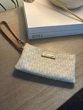 Michael Kors Beige Signature Wristlet with Tan Strap and Gold Hardware